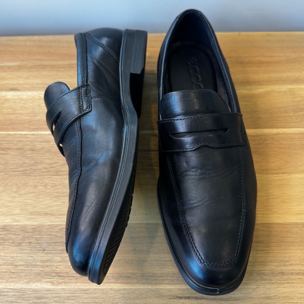 ECCO Men 10-10.5 US 44 Black Leather Penny Loafers Slip On Shoe 858914
